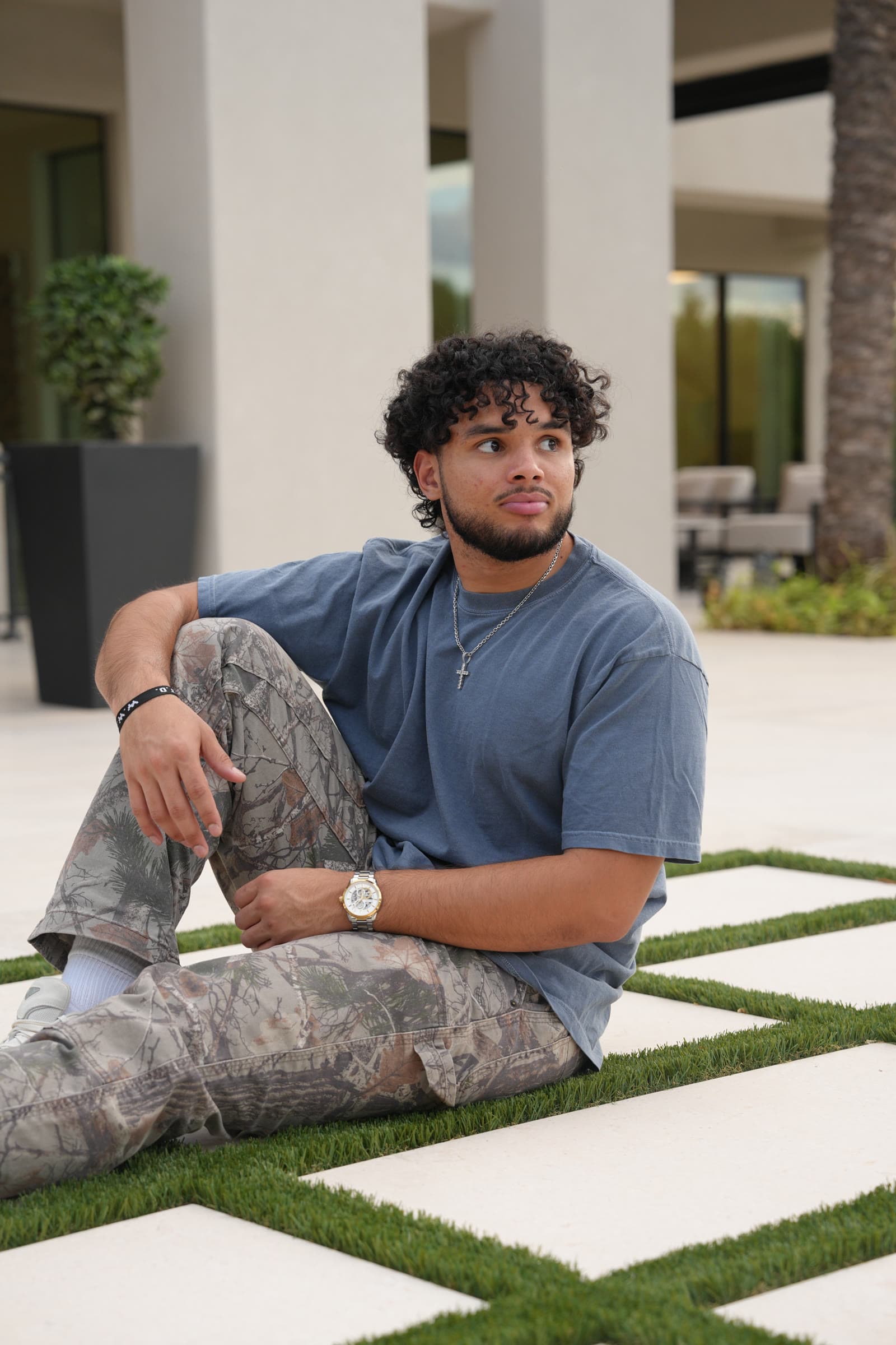 Wearing the slate tee outdoors